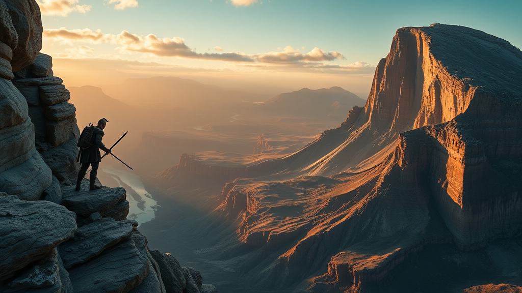 Warrior Overlooking Canyon from Cliff, Surreal View