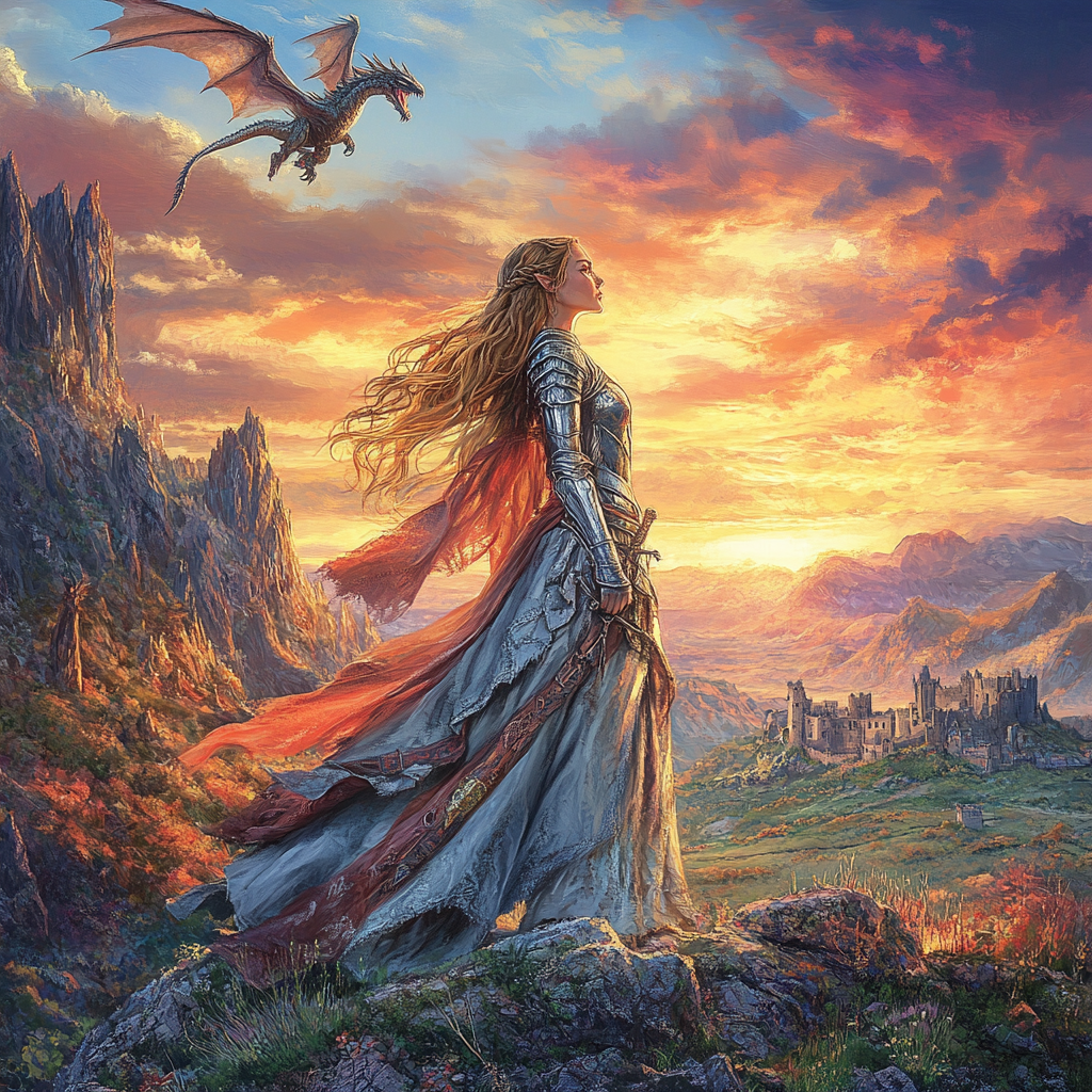 Warrior Princess and Dragon at Sunset Scene