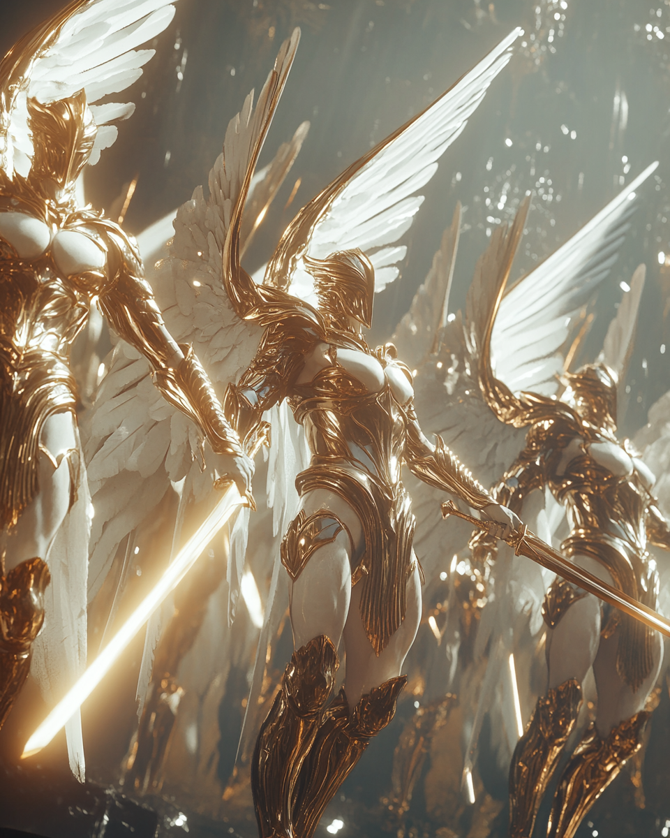 Warrior angels in armor, swords, shining light