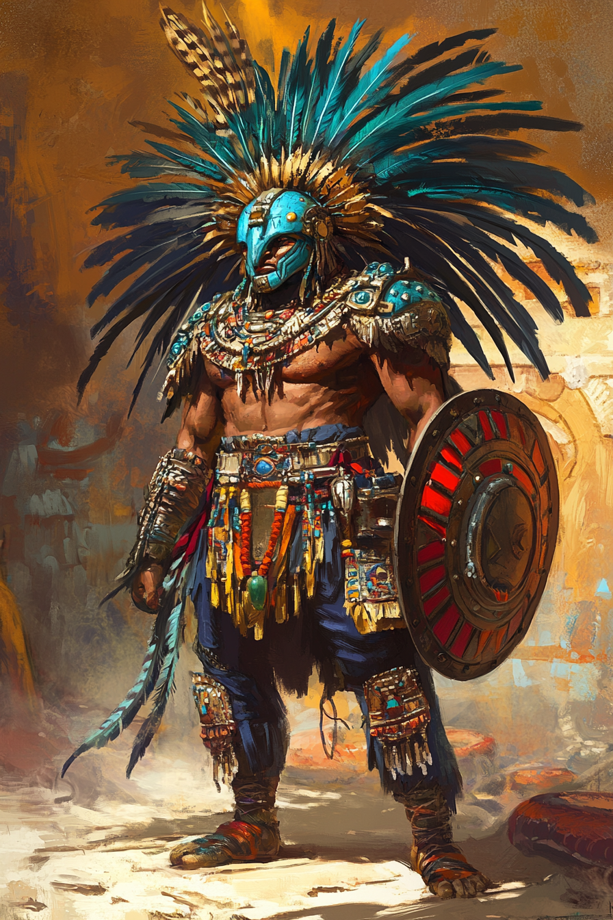 Warrior god Huitzilopochtli in hummingbird feather armor