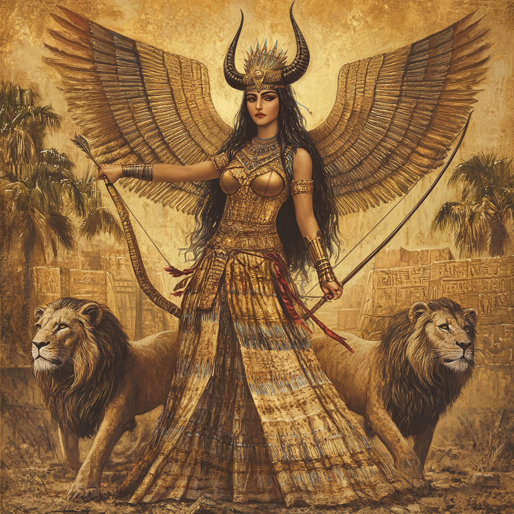 Warrior goddess Ishtar, winged beauty standing on lions.