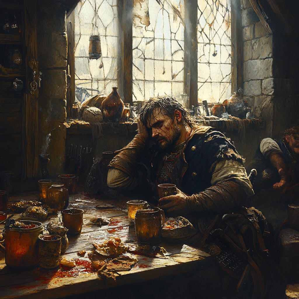 Warrior in Morning Tavern after Long Night Feast