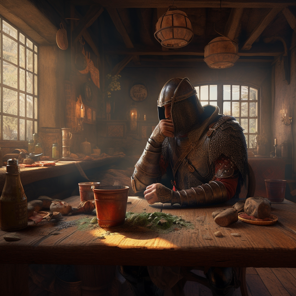 Warrior in medieval tavern at daybreak