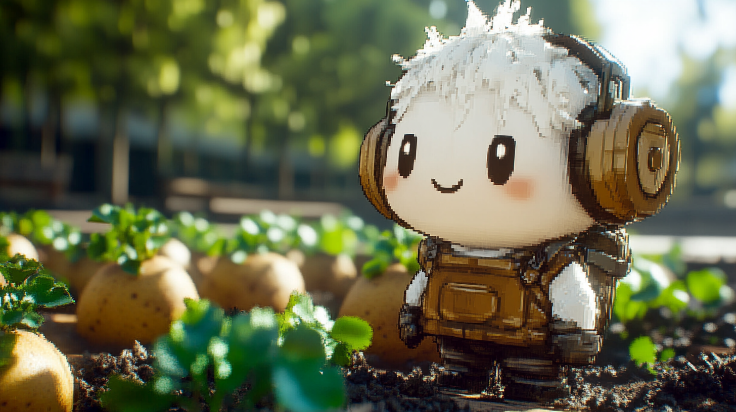 Warrior marshmallow with headphones in pixel potato farm.