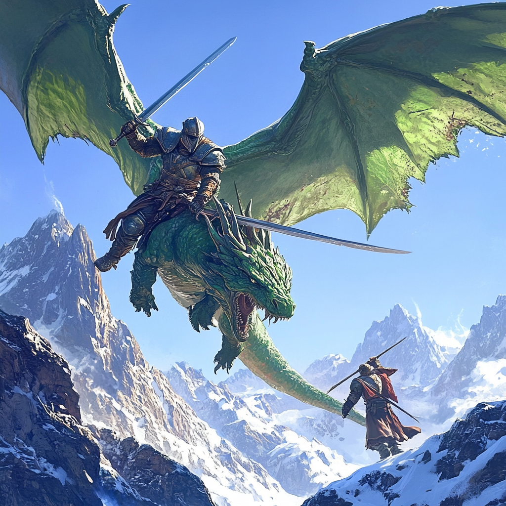 Warrior on dragon attacks warrior on mountain plateau in snow.