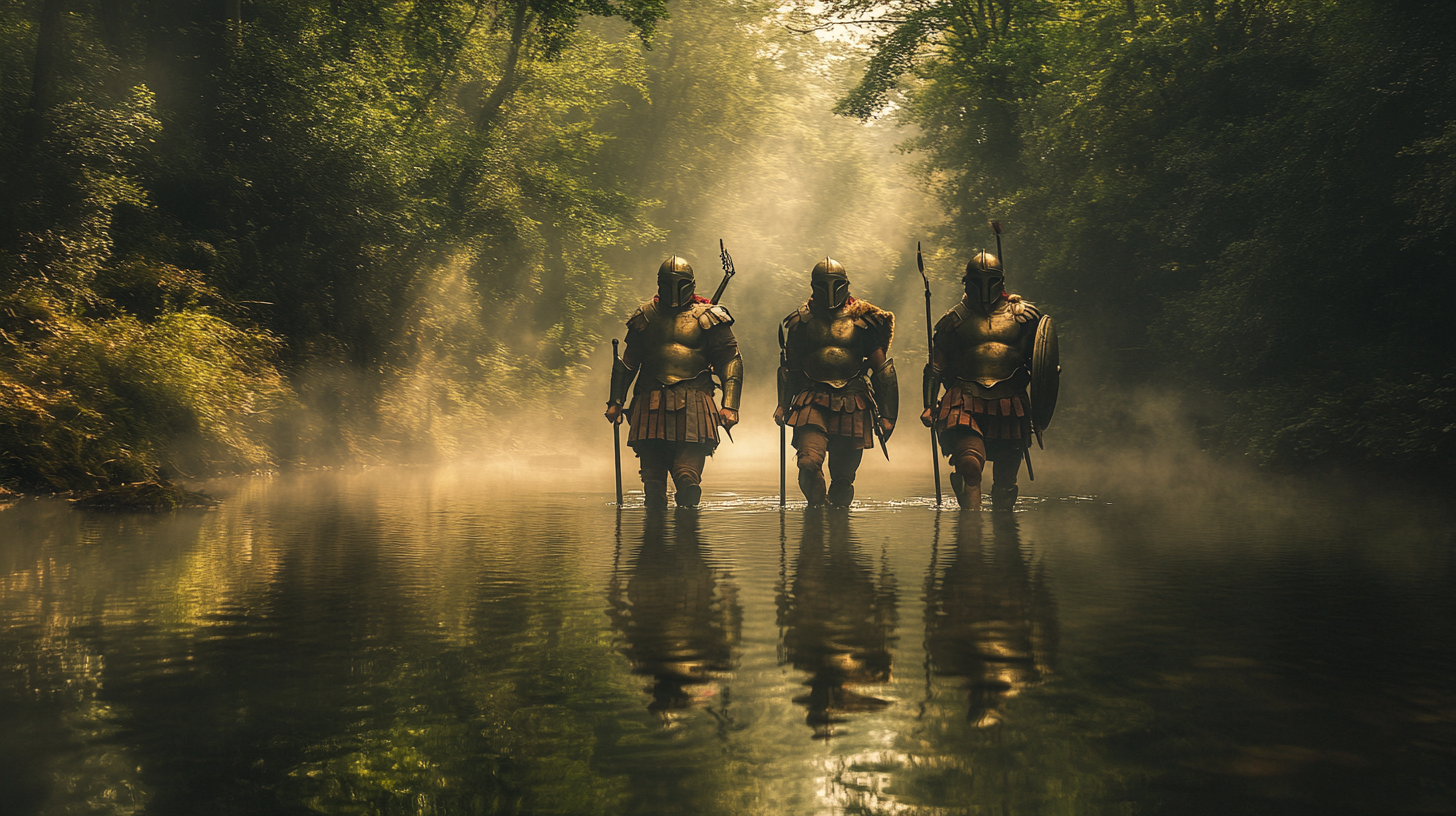 Warriors crossing river with armor, mist rising, forest around.