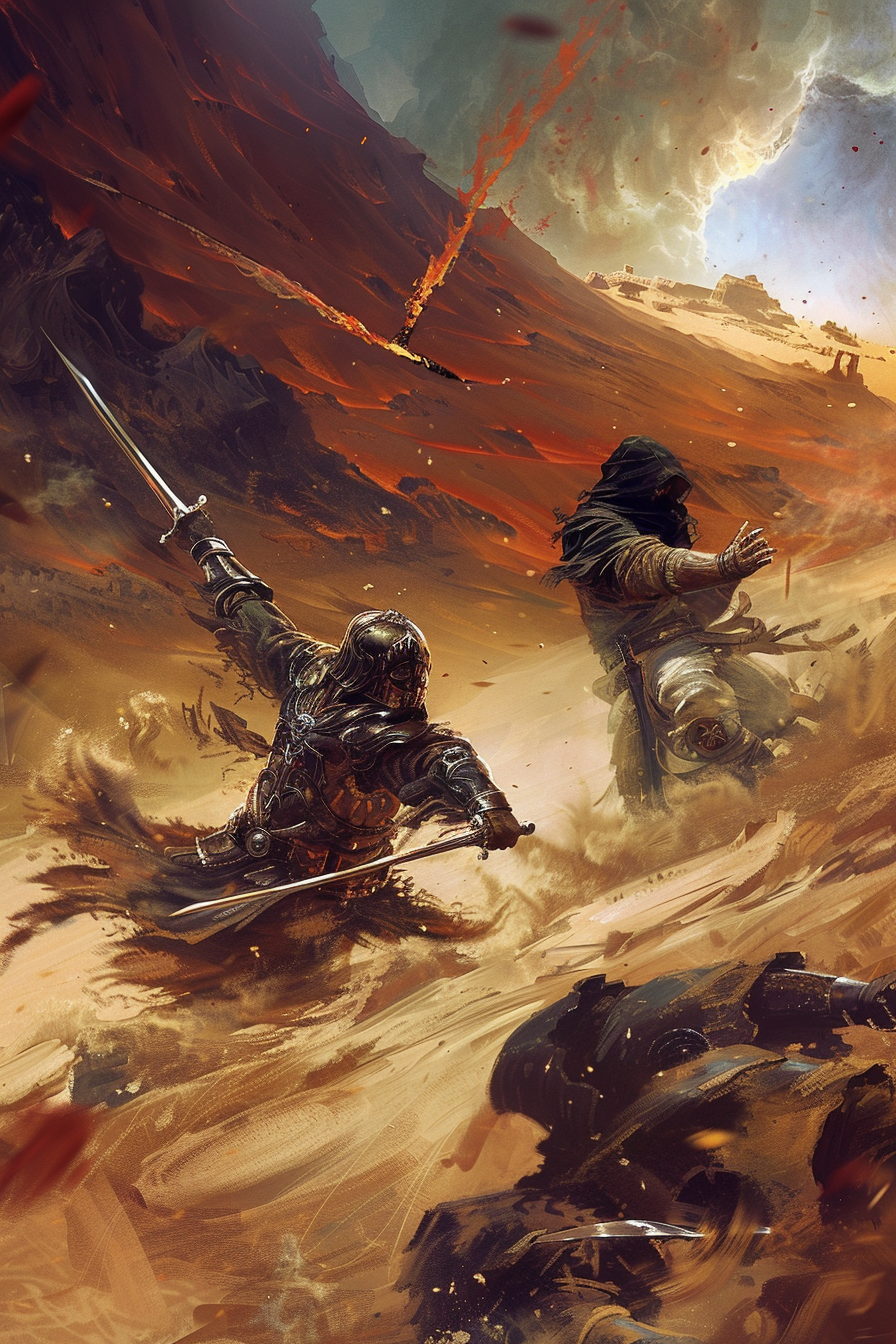 Warriors duel in desert with stormy sky and ruins.