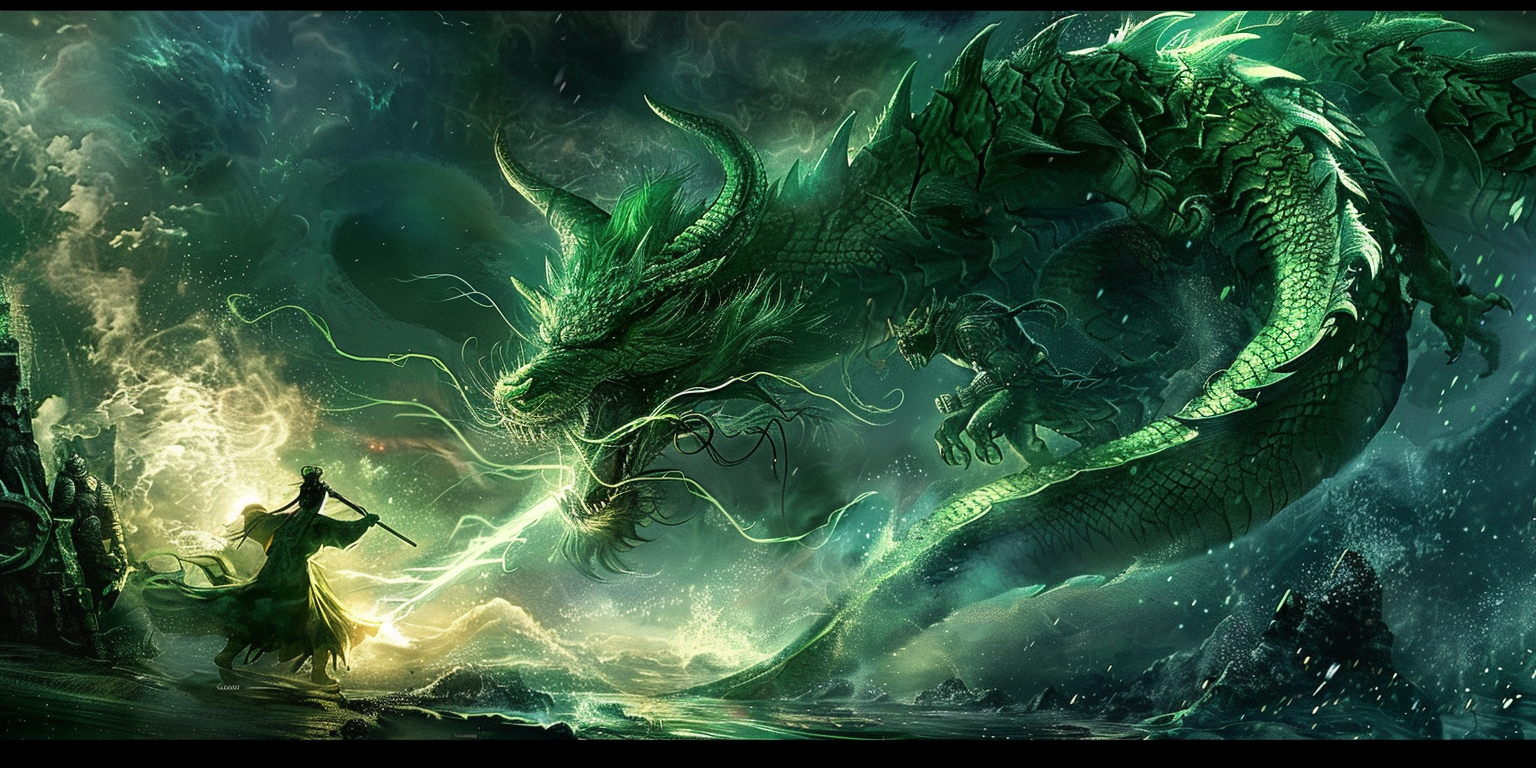 Warriors fight dragon in night with green aura.