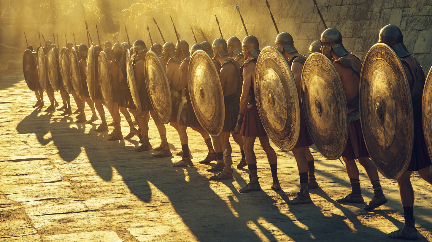 Warriors training, shields, shadows, ancient Greece background - realistic.