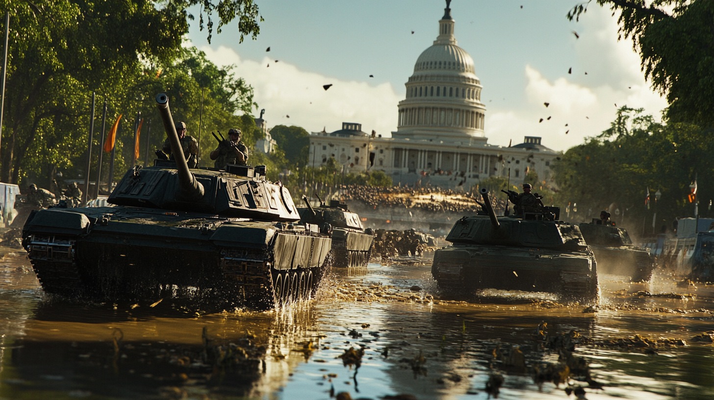 Washington tanks driving in hyper-realistic image.