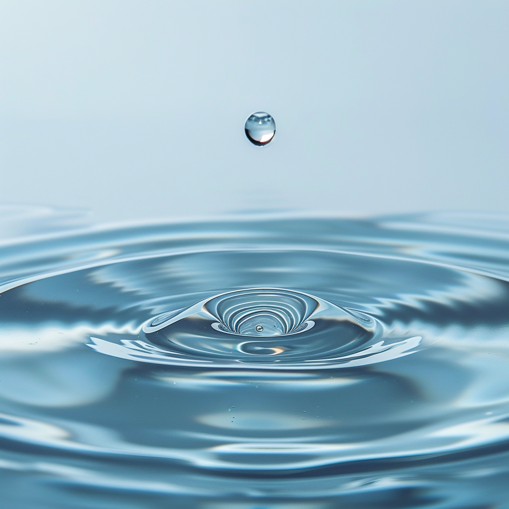 Water droplet creating ripples on light blue surface.