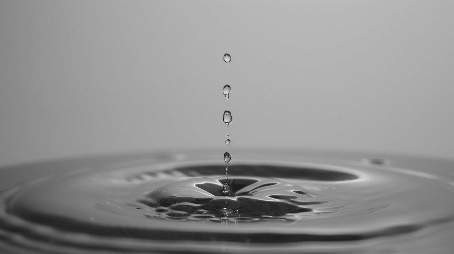 Water droplet falling, studio background grey to white gradient.