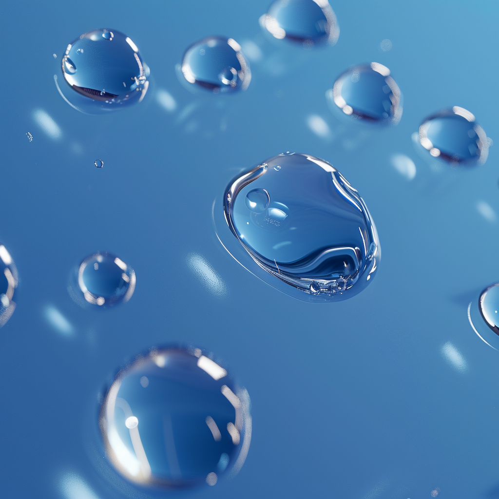 Water droplets in different sizes on blue background.