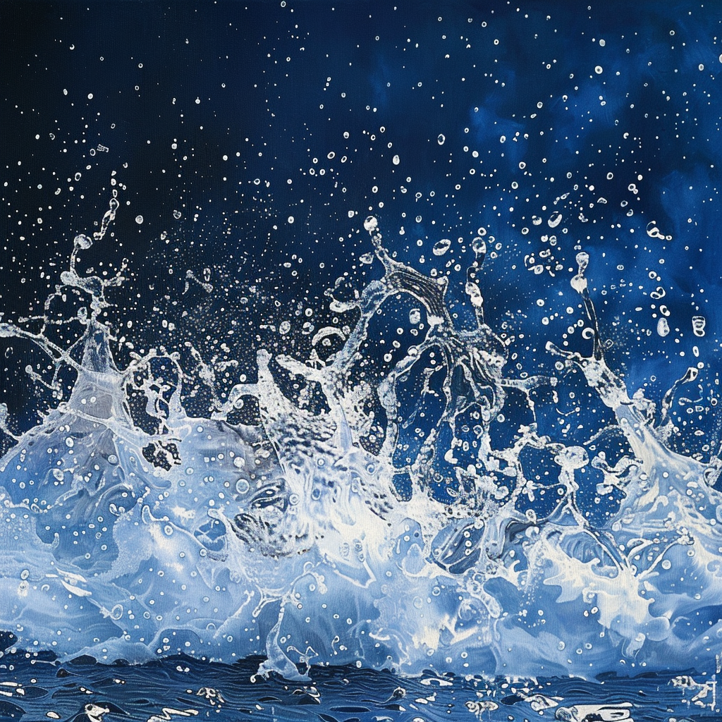 Water splashes in motion against deep blue backdrop.