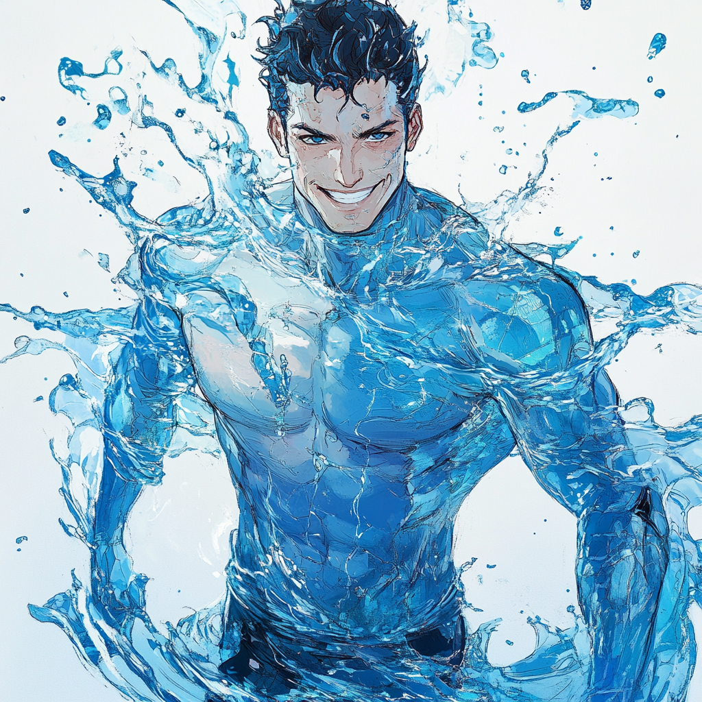 Water superhero with blue body smiling. White background. Style.