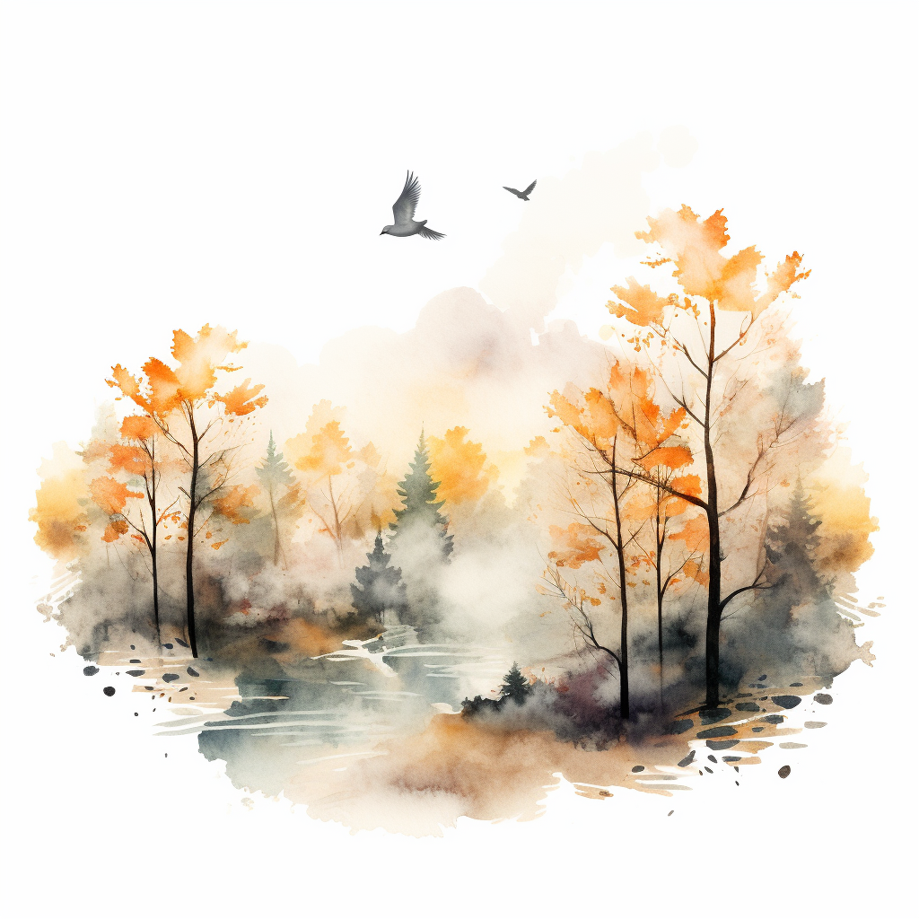 Watercolor Autumn Landscape with Bird Silhouettes