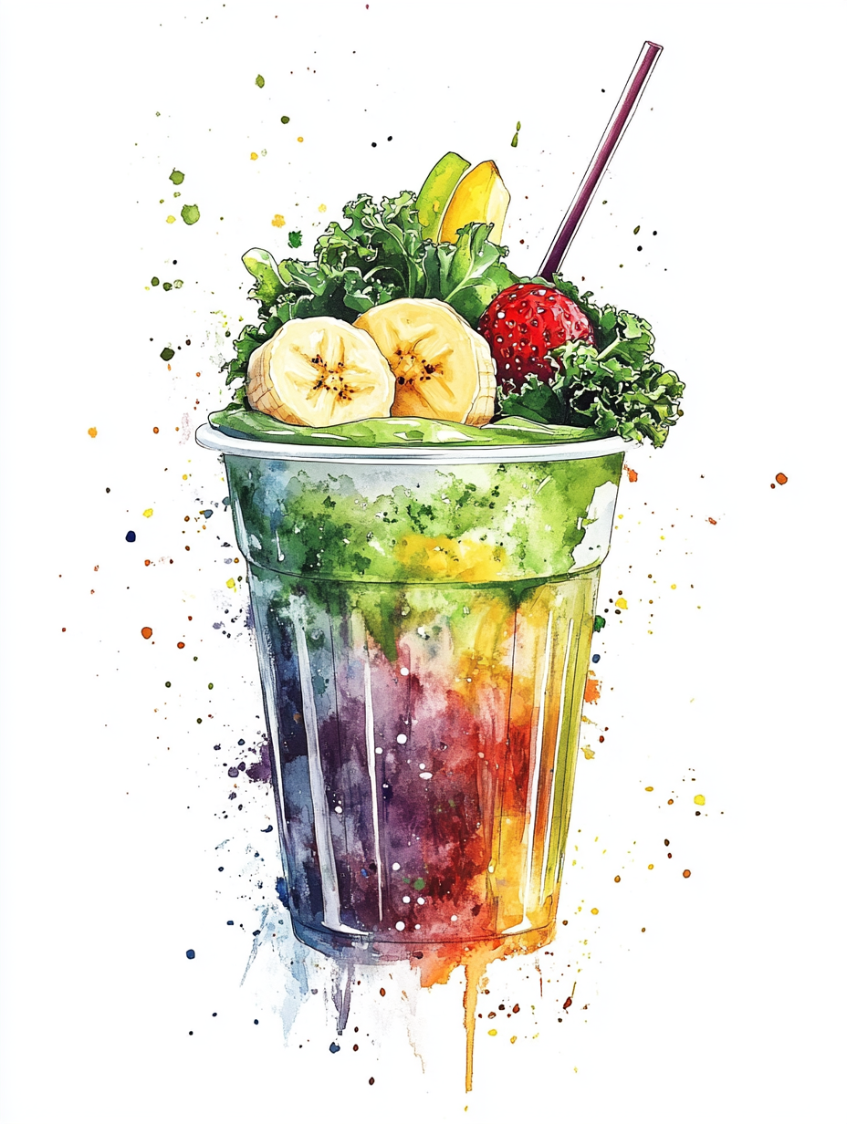 Watercolor Food Art Shake Illustration With Avocado and Kale