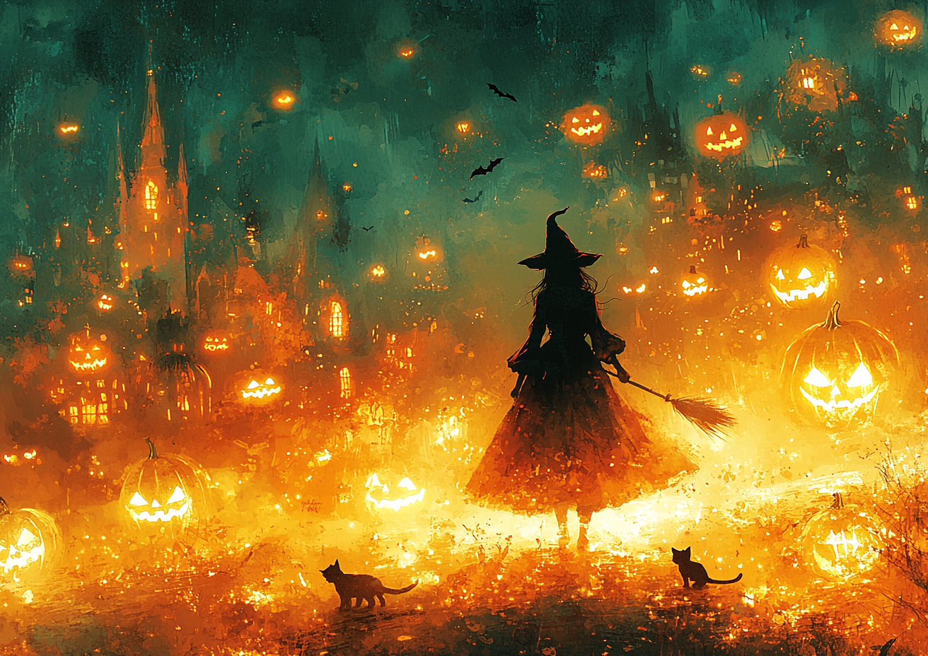 Watercolor Halloween scene with glowing pumpkins, black cats.