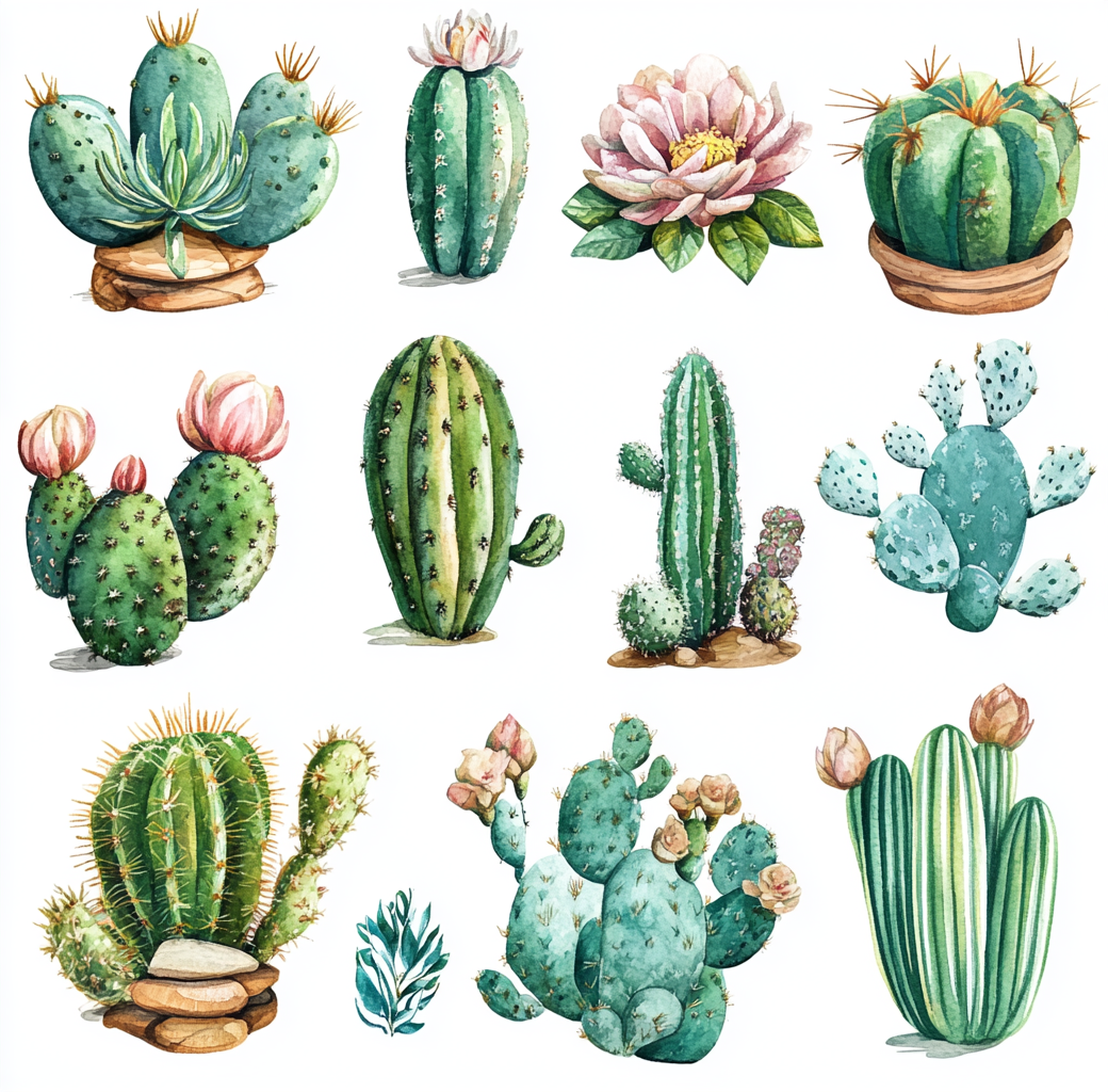 Watercolor cactus flower and leaf stickers on white background.