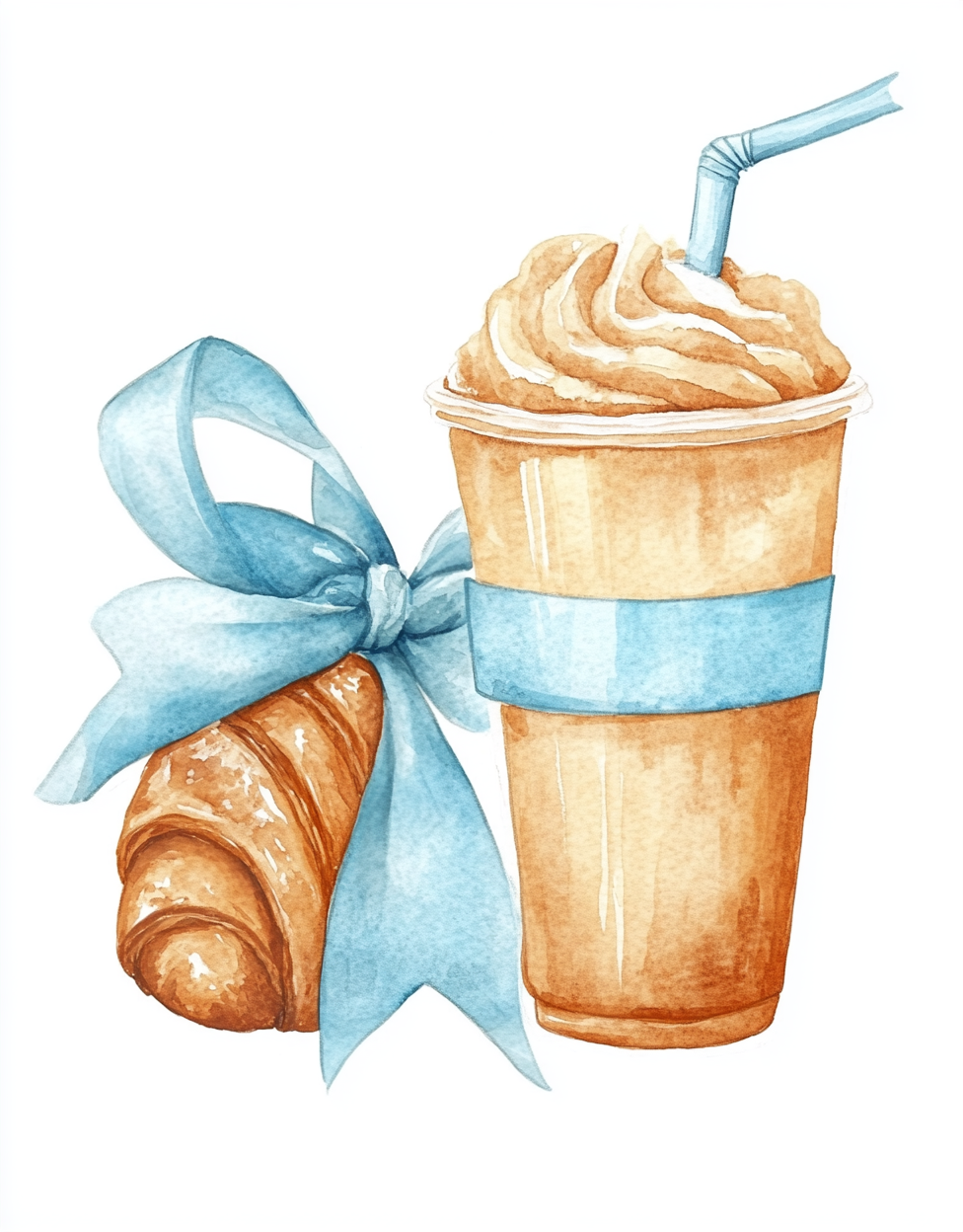 Watercolor croissant drawing with blue ribbon, ice coffee clipart.