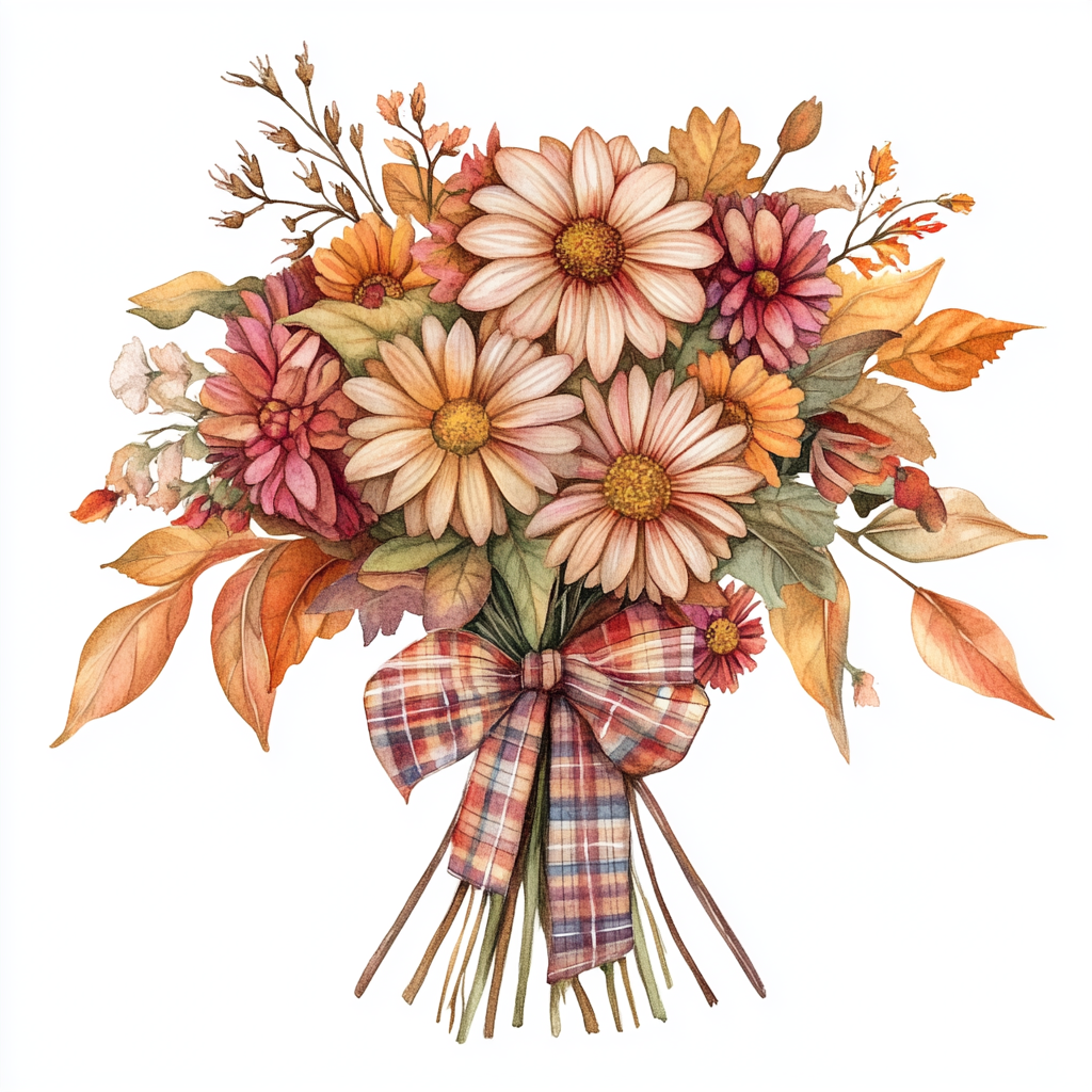 Watercolor handrawn fall bouquet with daisies on white background.