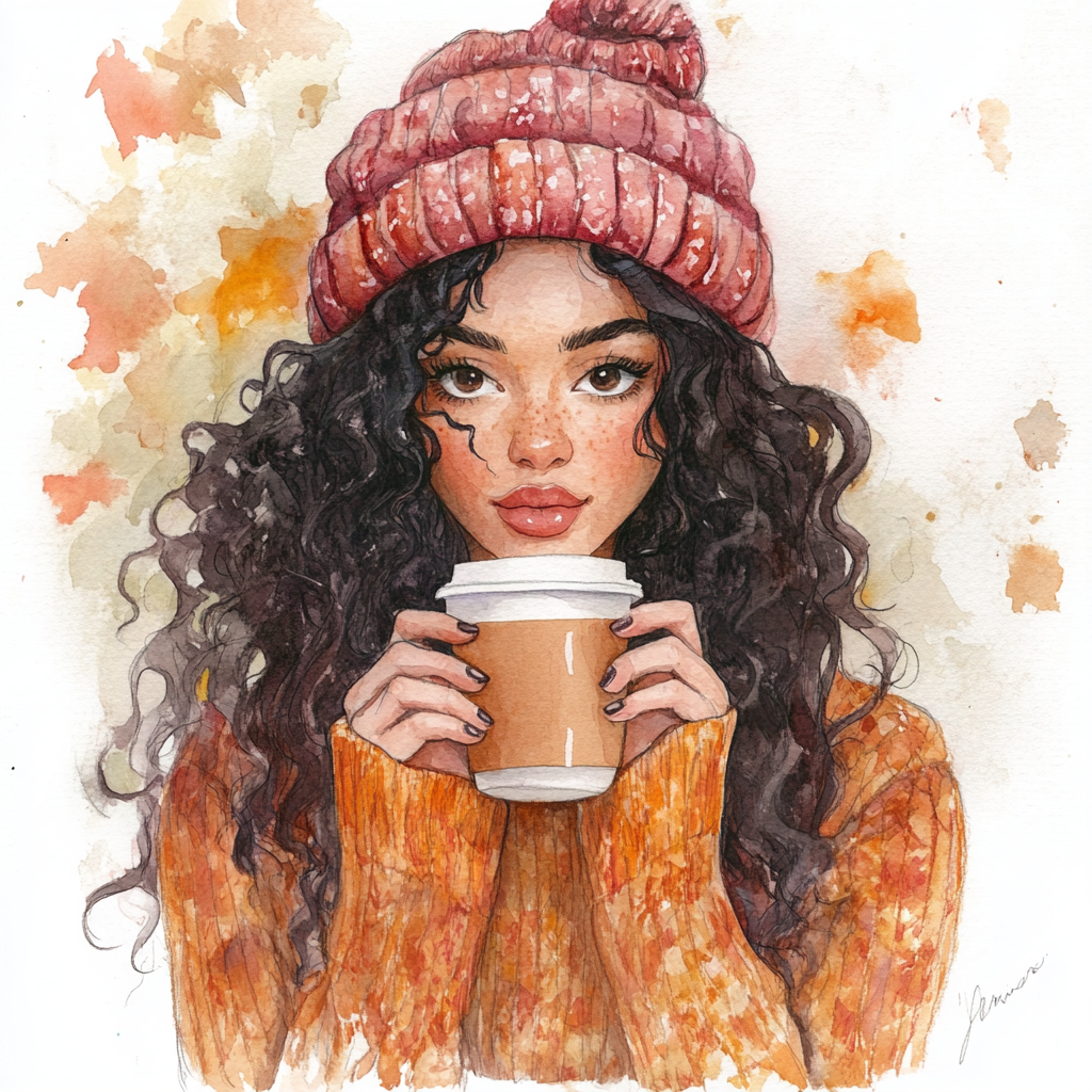 Watercolor illustration of boho Latina woman in fall.