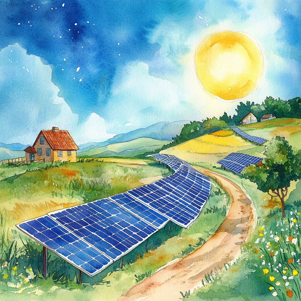 Watercolor of Solar Energy: Success with Recycling Panels.