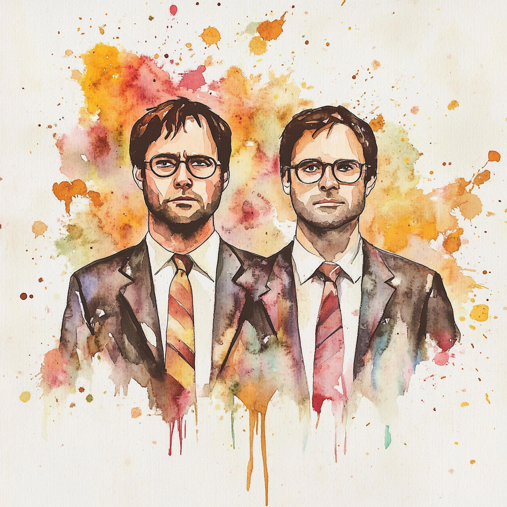 Watercolor painting of Dwight and Michael from The Office