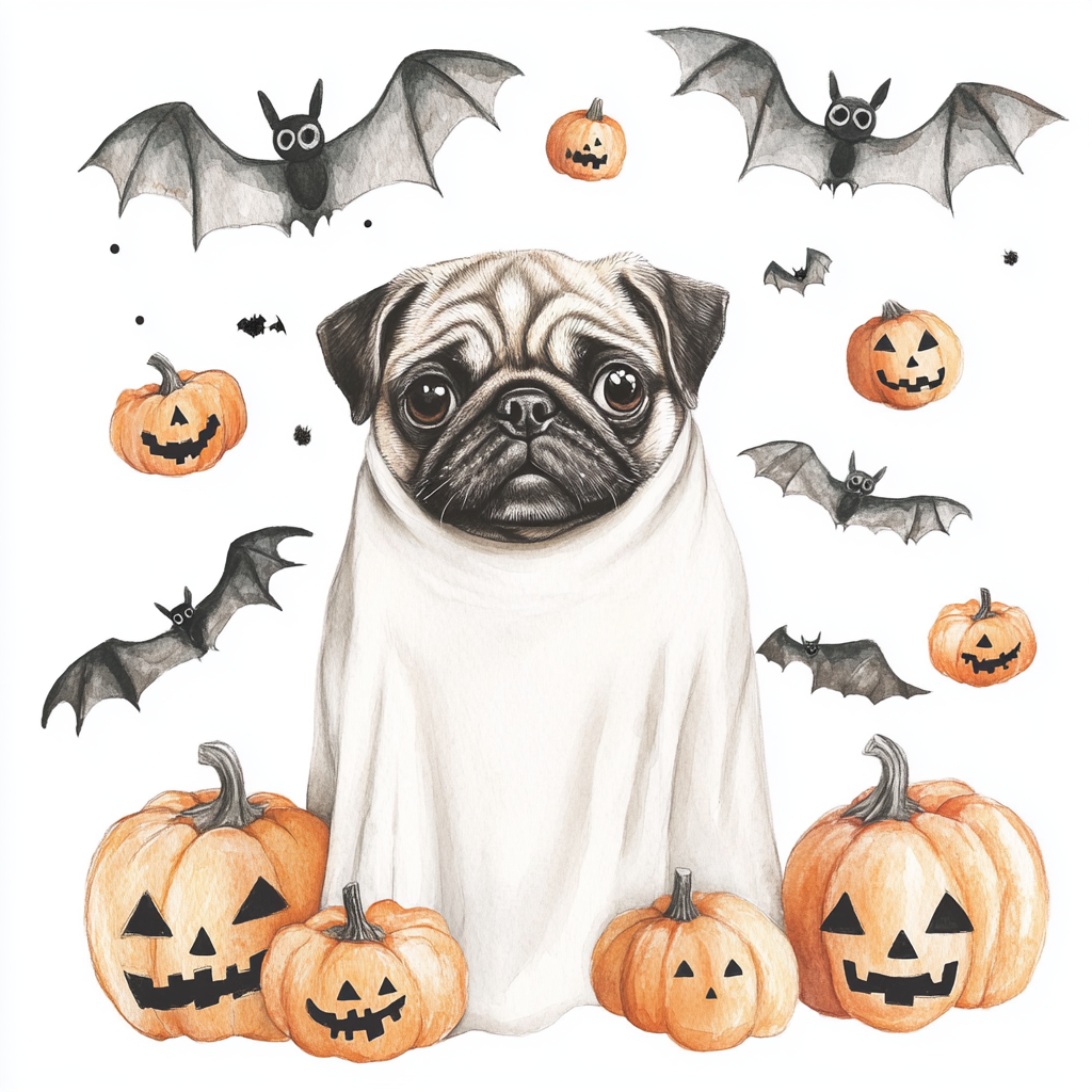 Watercolor pug in ghost costume with Halloween elements.