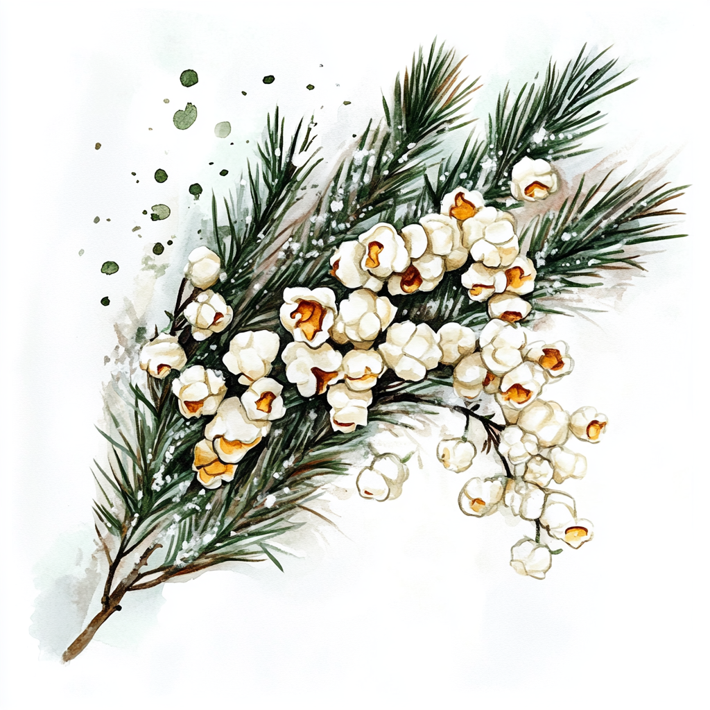 Watercolour painting of popcorn garland on furry Christmas tree.