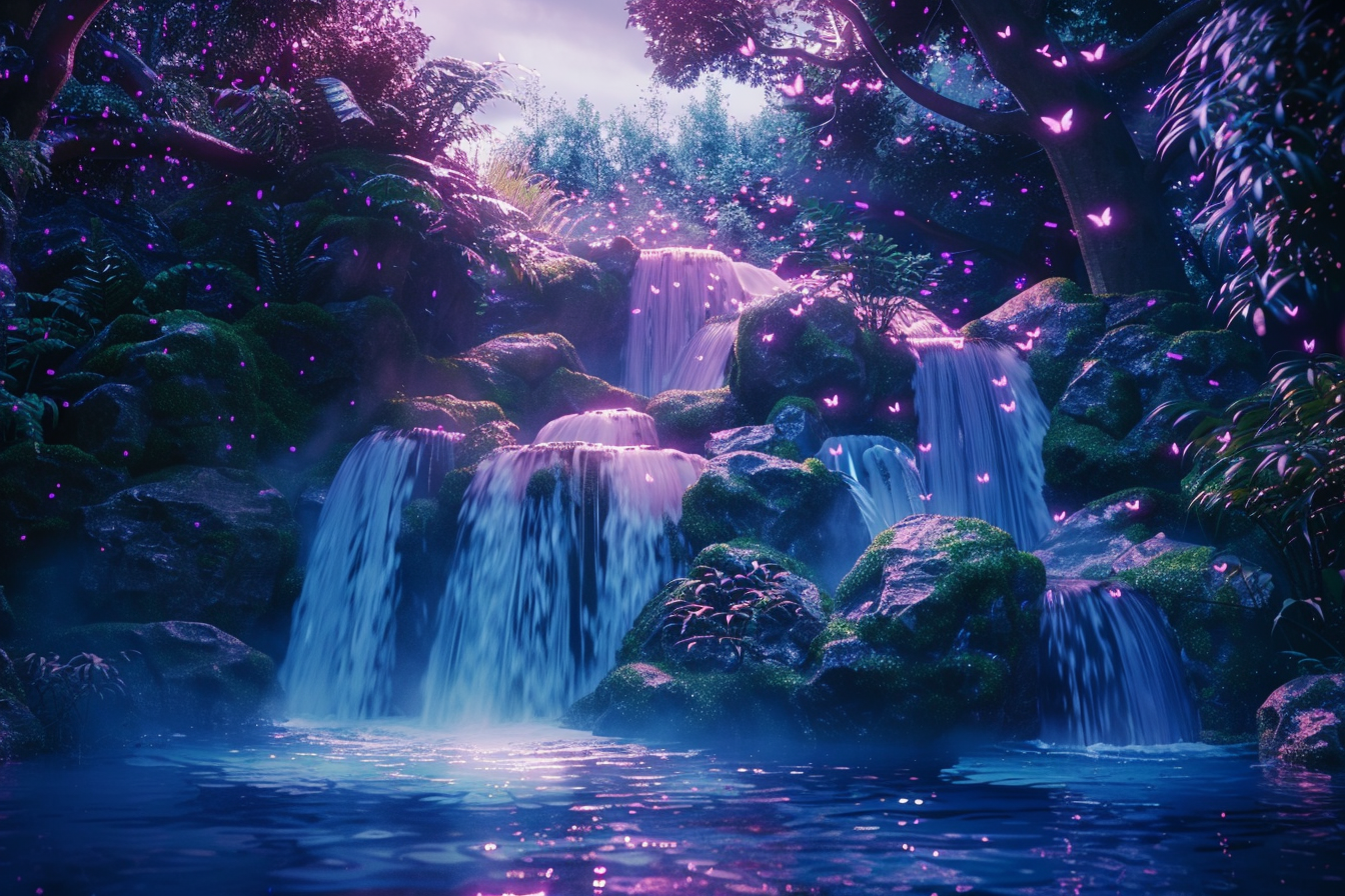 Waterfall at dusk with fireflies above crystal-clear pool.