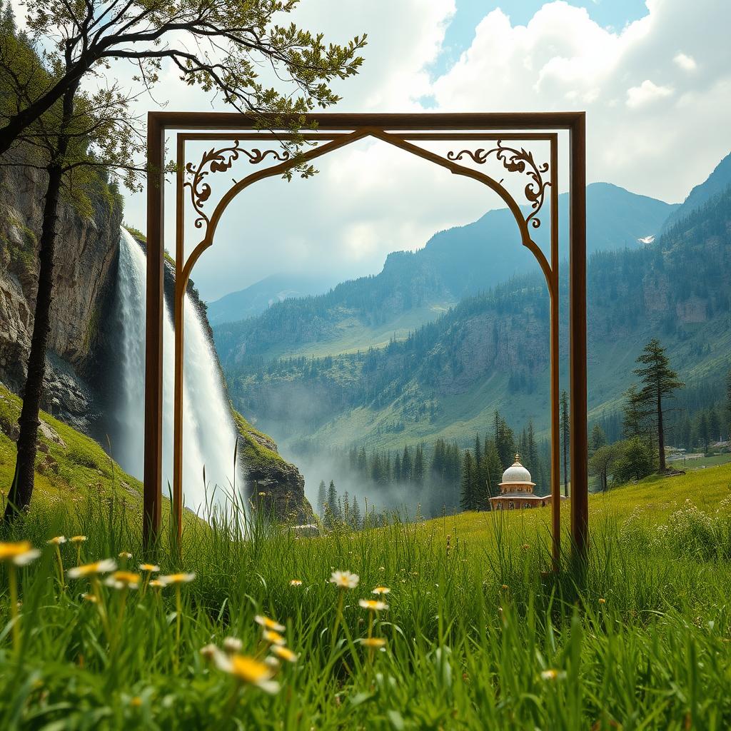 Waterfall next to a frame in meadow.