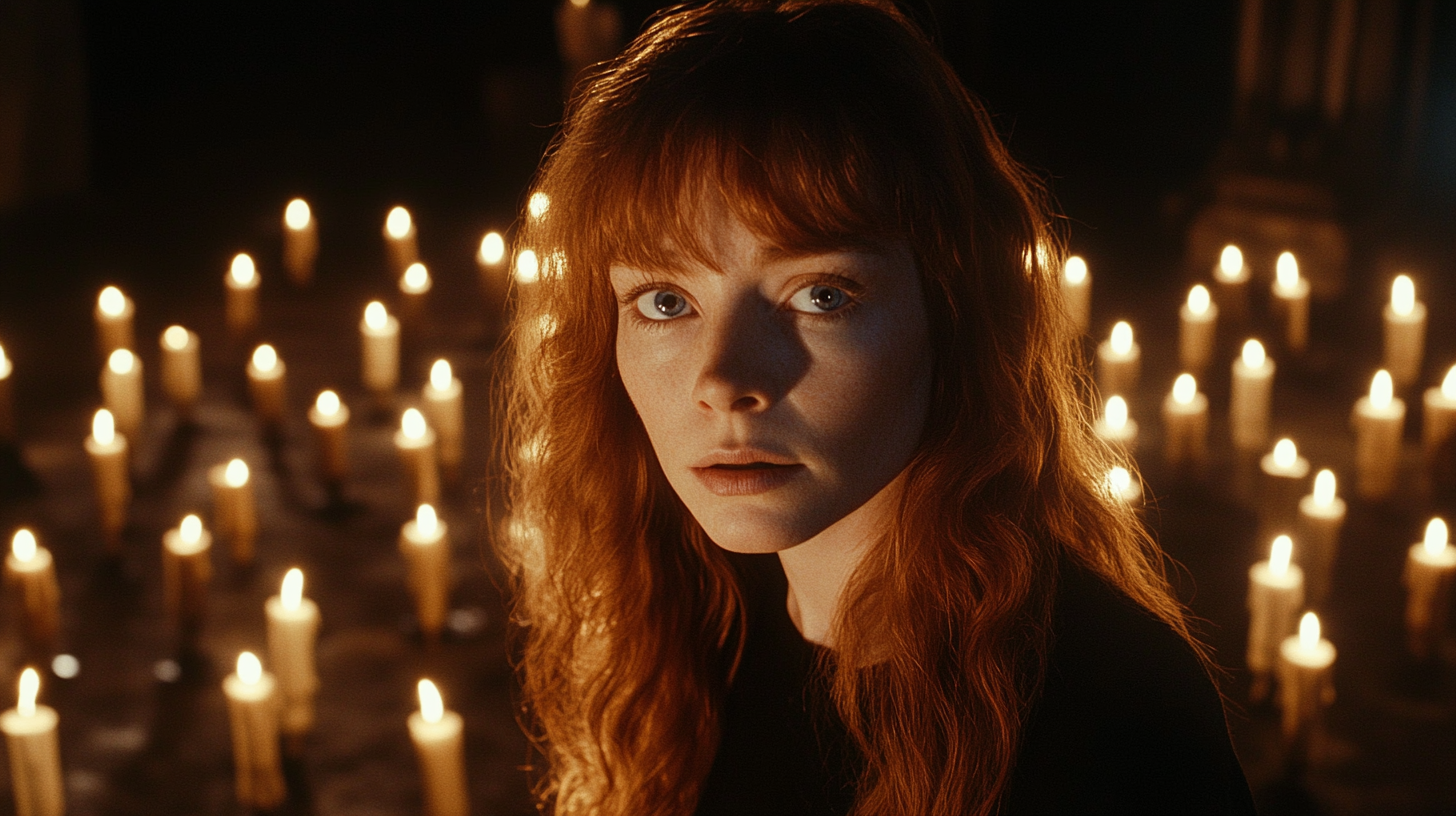 Wavy red hair, haunting blue eyes in candle-lit house.