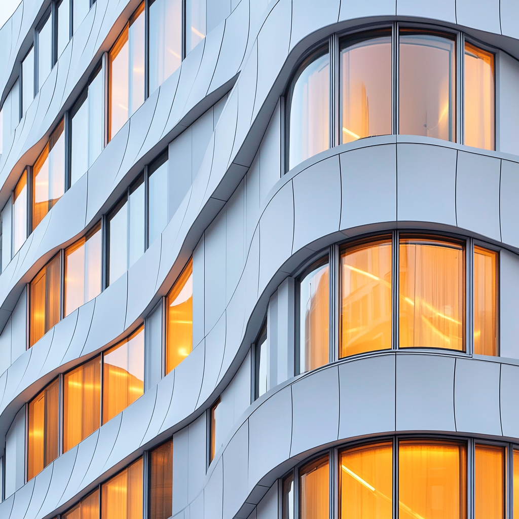 Wavy urban building with golden light reflection in windows.