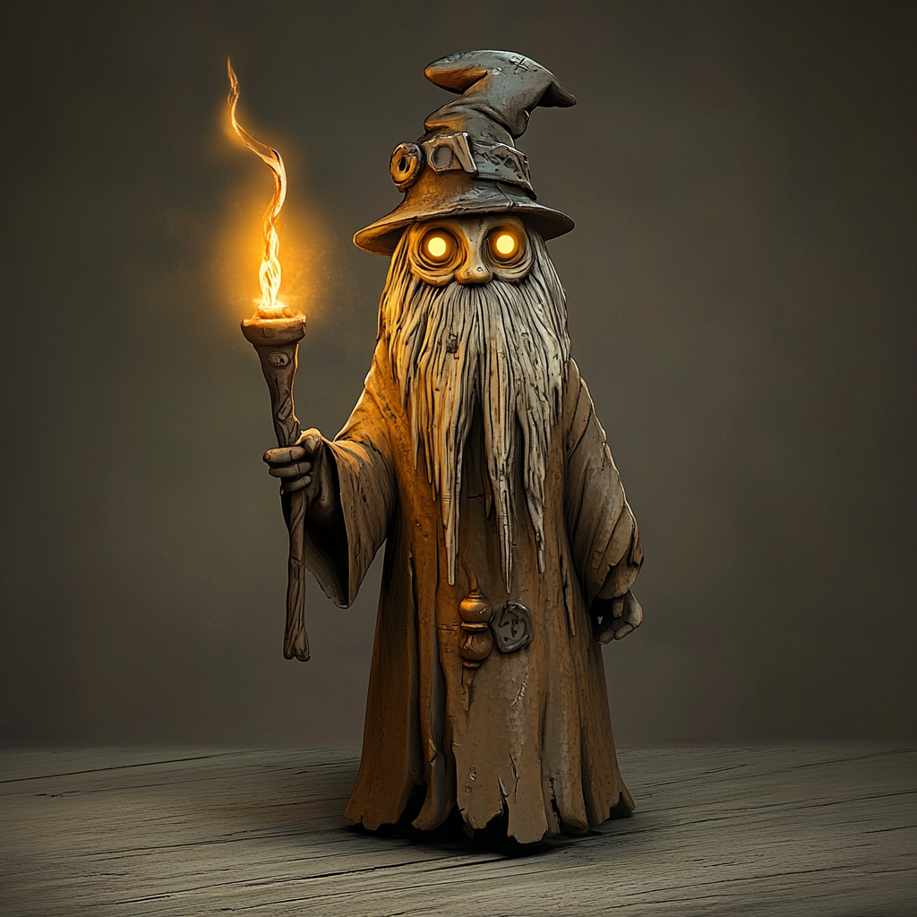 Wax candle wizard with lit wick hair, anthropomorphic.