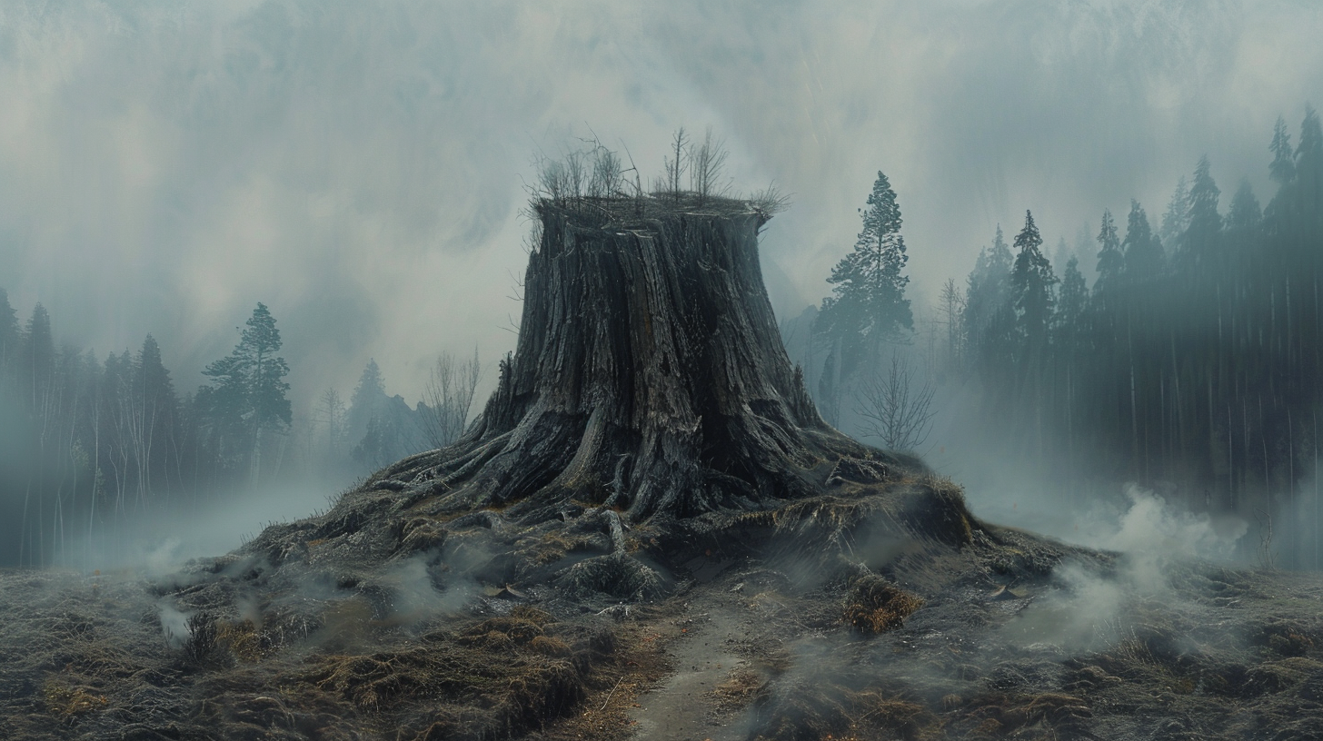 Wayne Reynolds art: Big tree stump in foggy forest.