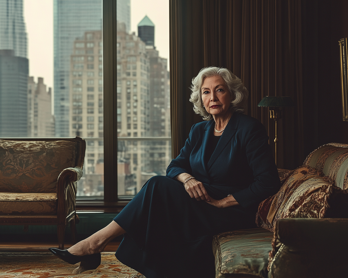 Wealthy older woman in Manhattan sitting on expensive furniture