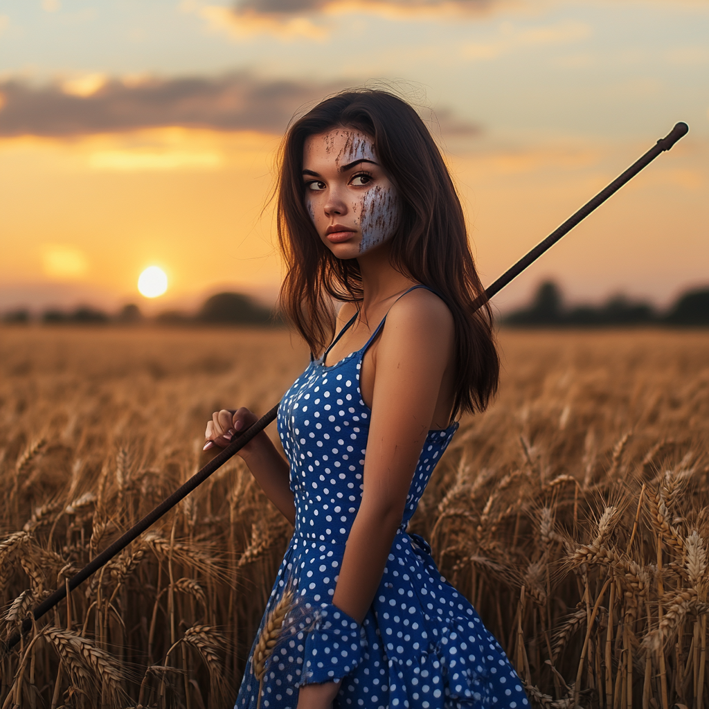 Weathered brunette woman in blue sundress in wheat field.