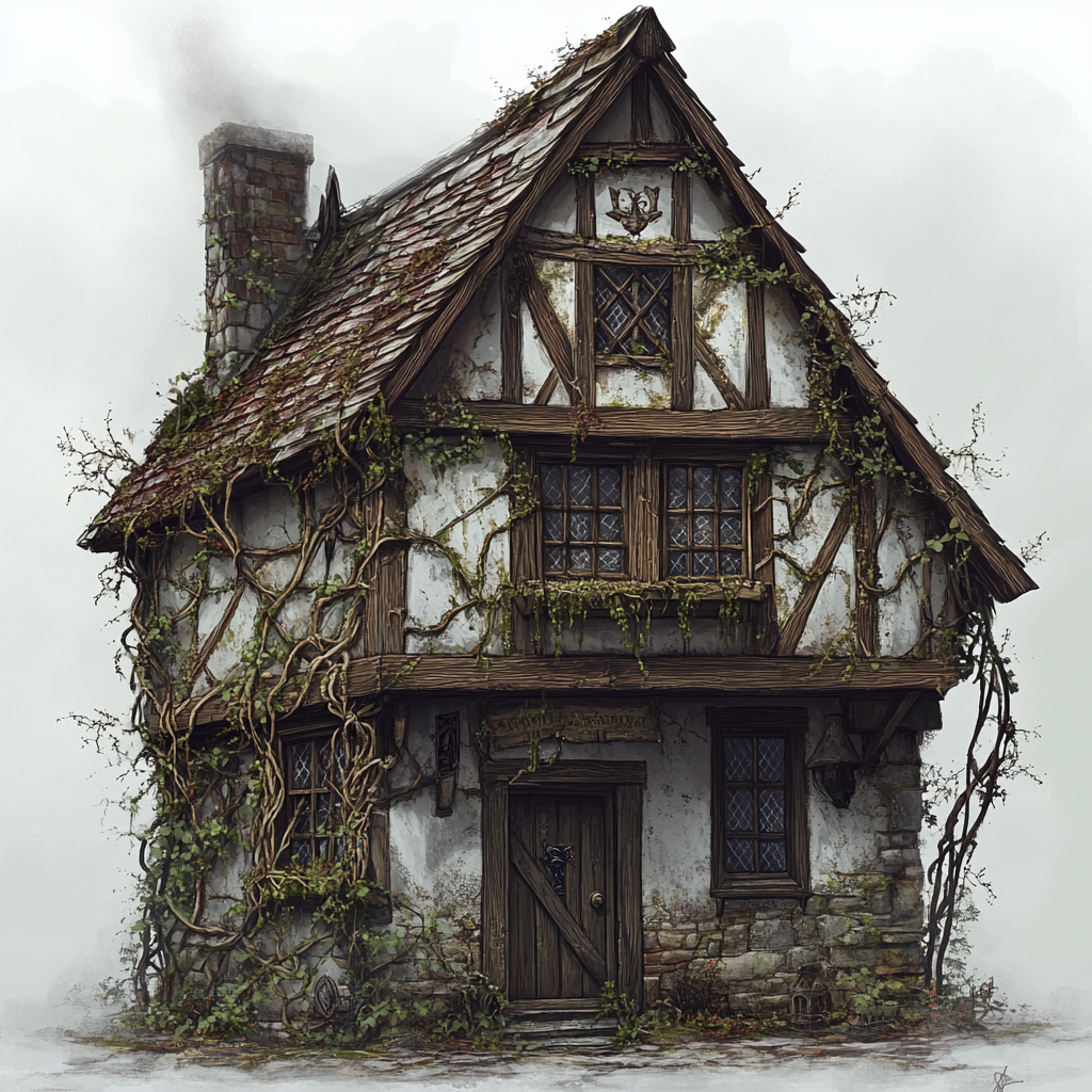 Weathered building with mossy roof, vines, and herbal scents.