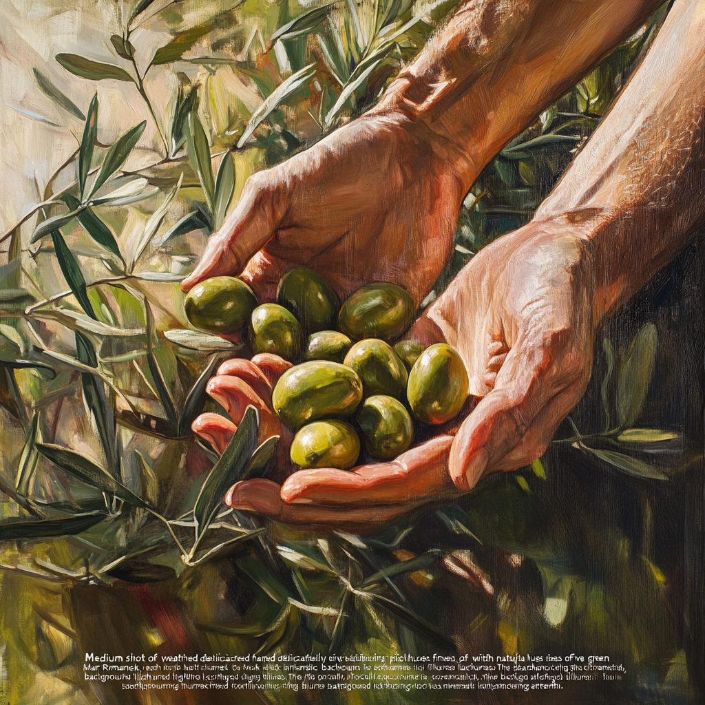 Weathered hands picking green olives under sunlight carefully