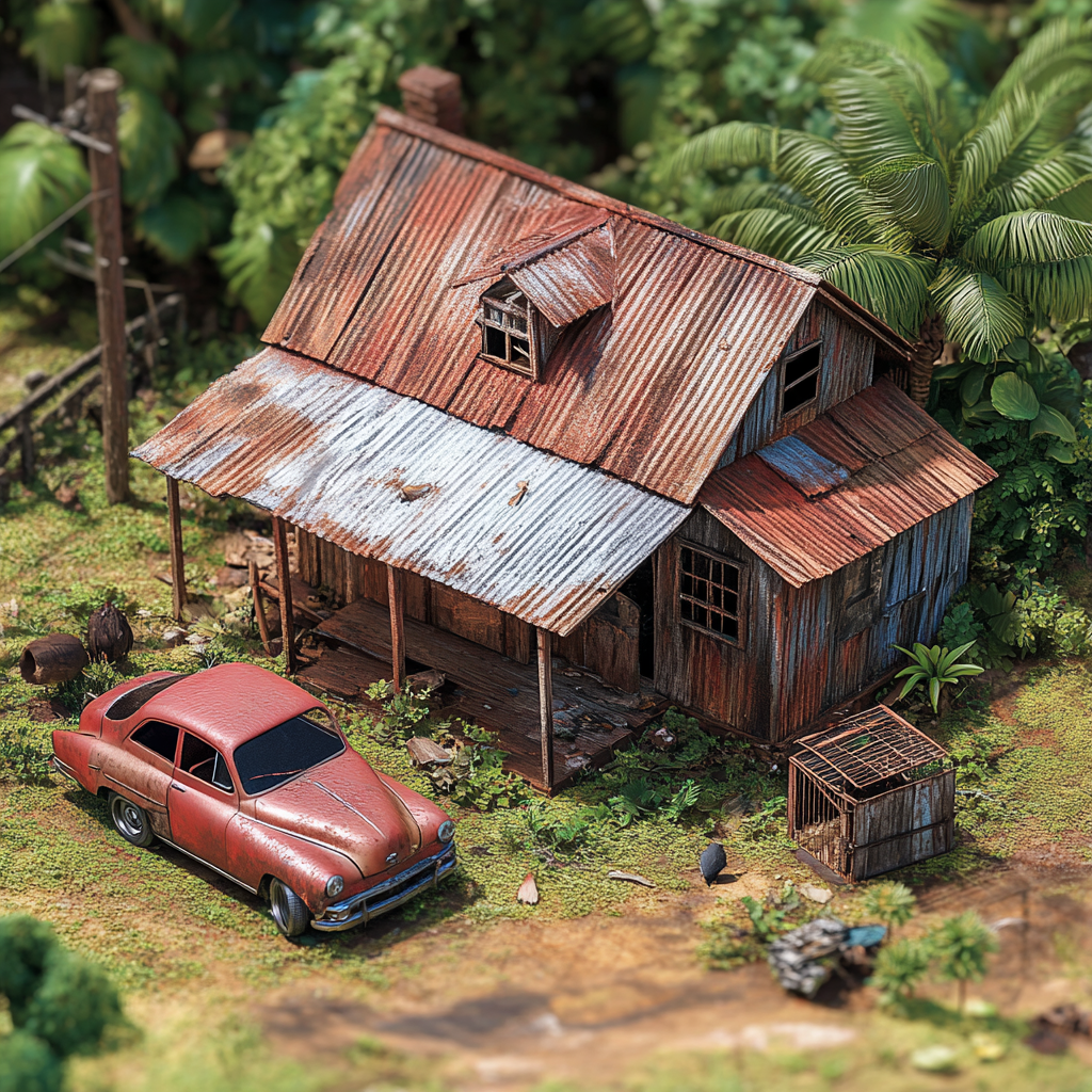 Weathered home in Hawaii with chicken coop and Toyota.