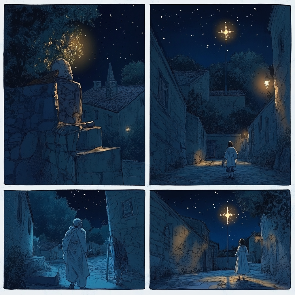 Webtoon Scene: Monet Style, Girl, Old Man, Cross.