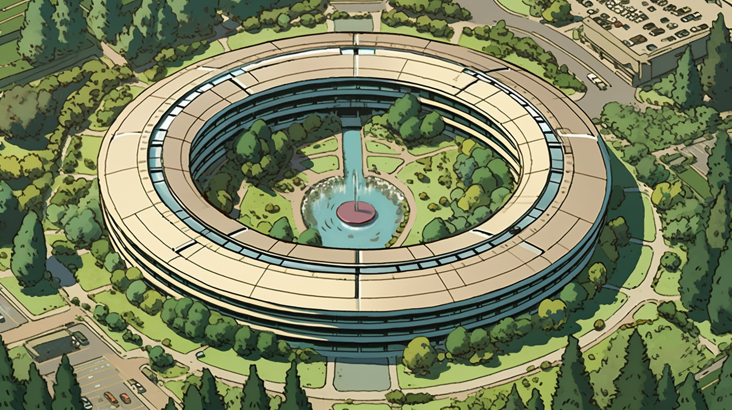 Webtoon-style illustration of Apple Park with vibrant colors.