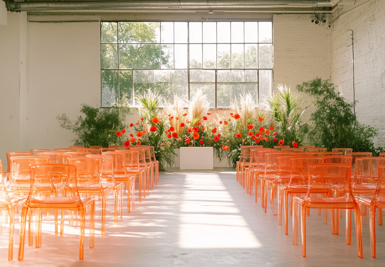 Wedding Decor with Orange Flowers in Old Warehouse