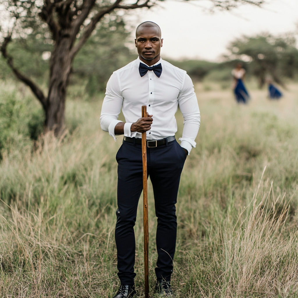 Wedding groom in Botswana, holding wooden staff, modern.