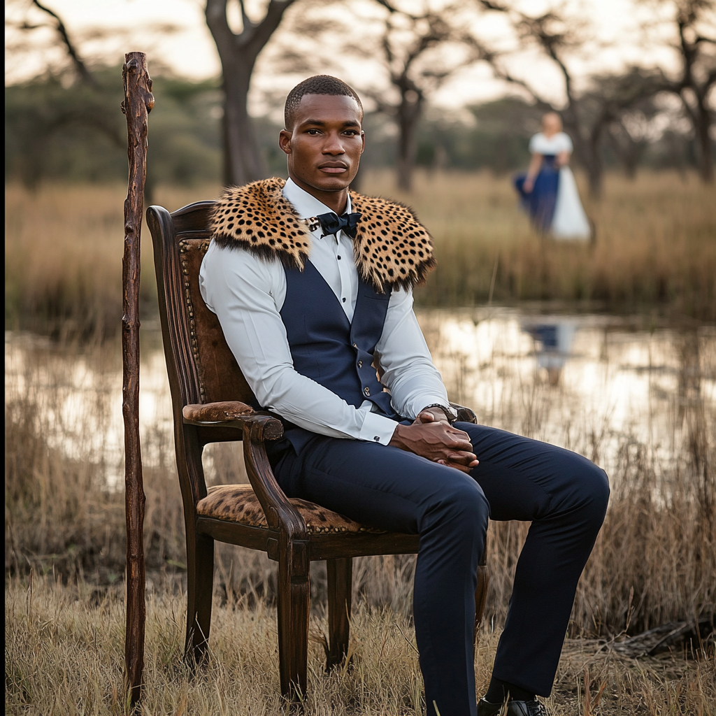 Wedding groom in Botswana holding wooden staff.