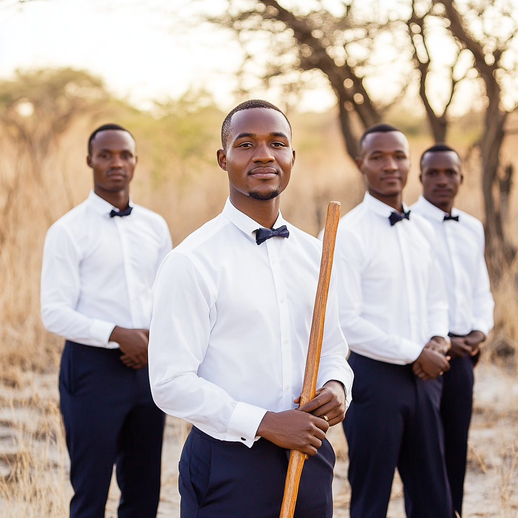 Wedding groom with groomsmen in Botswana, stylish attire.