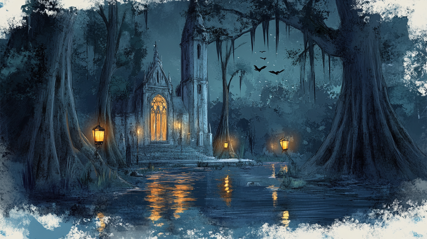 Wedding scene sketch in cypress swamp mixed with cathedral.