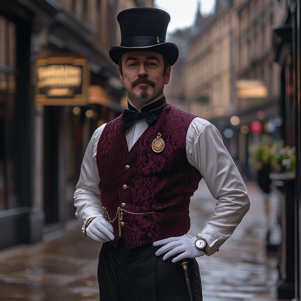 Well dressed man in 1950s Scottish city joyfully in rain