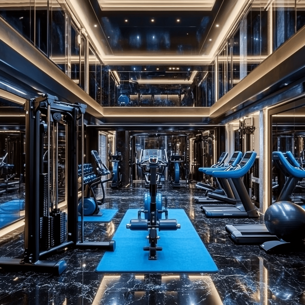 Well-equipped gym with mezzanine, nautilus equipment, black marble floor.